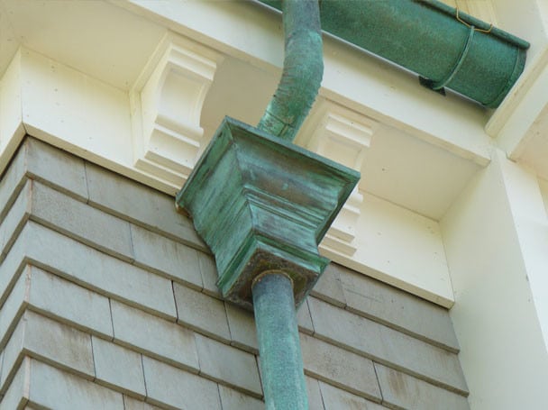 Oxidized Patina Copper Gutter Leader Head and Downspout