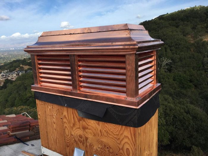 copper vented style chimney cap with view