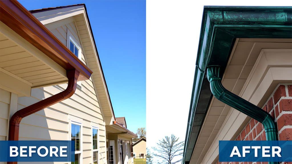 Before and after comparison showing how copper gutters age from bright orange to green patina