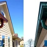 Before and after comparison showing how copper gutters age from bright orange to green patina