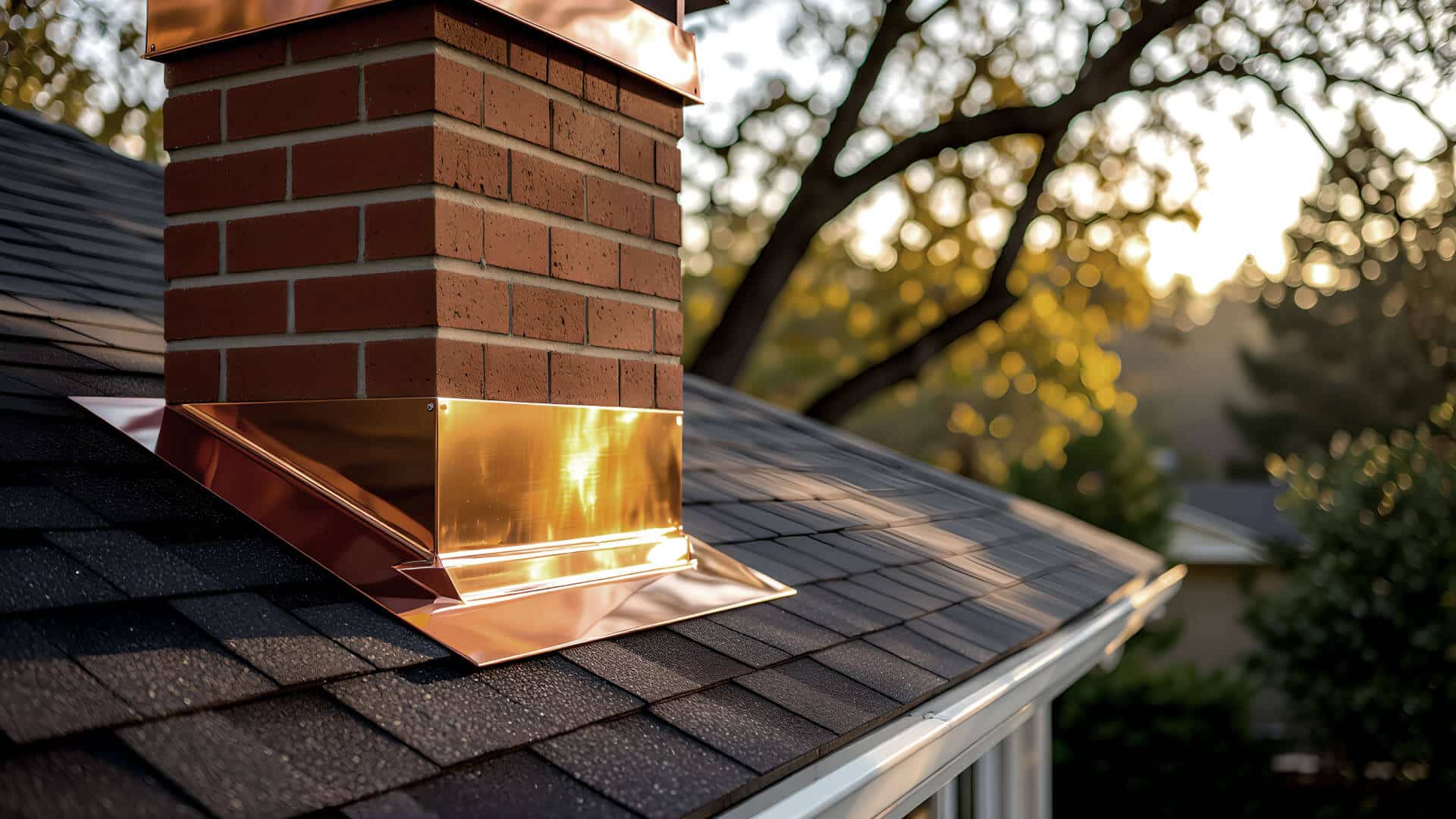 How Copper Roof Flashing Prevents Water Damage copper roof flashing installation around brick chimney on Bay Area home with natural patina shows how copper roof flashing prevents water damage