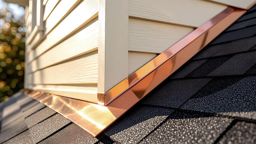 How Copper Roof Flashing Prevents Water Damage 1 copper step flashing installed at roof to wall transition showing professional waterproof seal