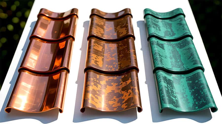 How Copper Roof Flashing Prevents Water Damage 4 three stages of copper roof flashing patina from new bright copper to full verdigris