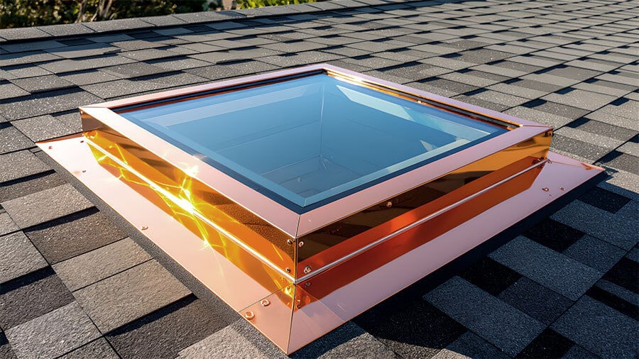 How Copper Roof Flashing Prevents Water Damage 3 copper flashing around residential skylight with soldered corner seams and professional installation